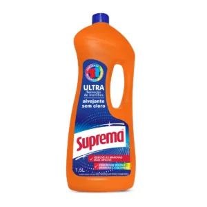 Frasco de 1,5 litros do Alvejante Líquido Sem Cloro Suprema Tira Manchas, com rótulo em destaque e líquido translúcido, sobre um fundo claro. | Elite M4
