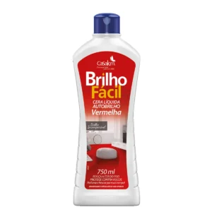 Frasco de 750ml de Cera Líquida Brilho Fácil Vermelha, com rótulo característico da marca e imagem de piso avermelhado brilhante. | Elite M4