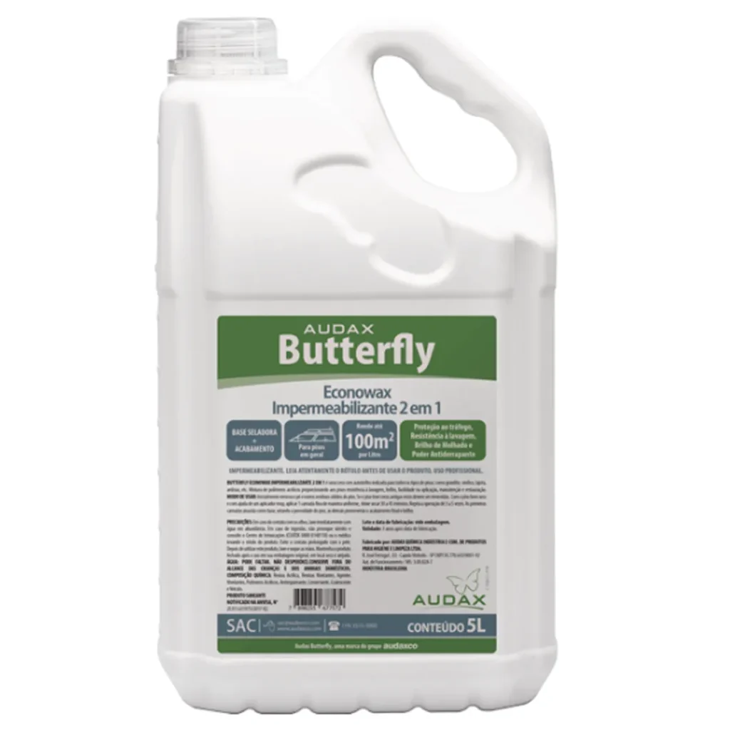 Galão de 5 litros de Cera Líquida Impermeabilizante 2 em 1 Econowax Butterfly, com rótulo azul e detalhes em amarelo | Elite M4