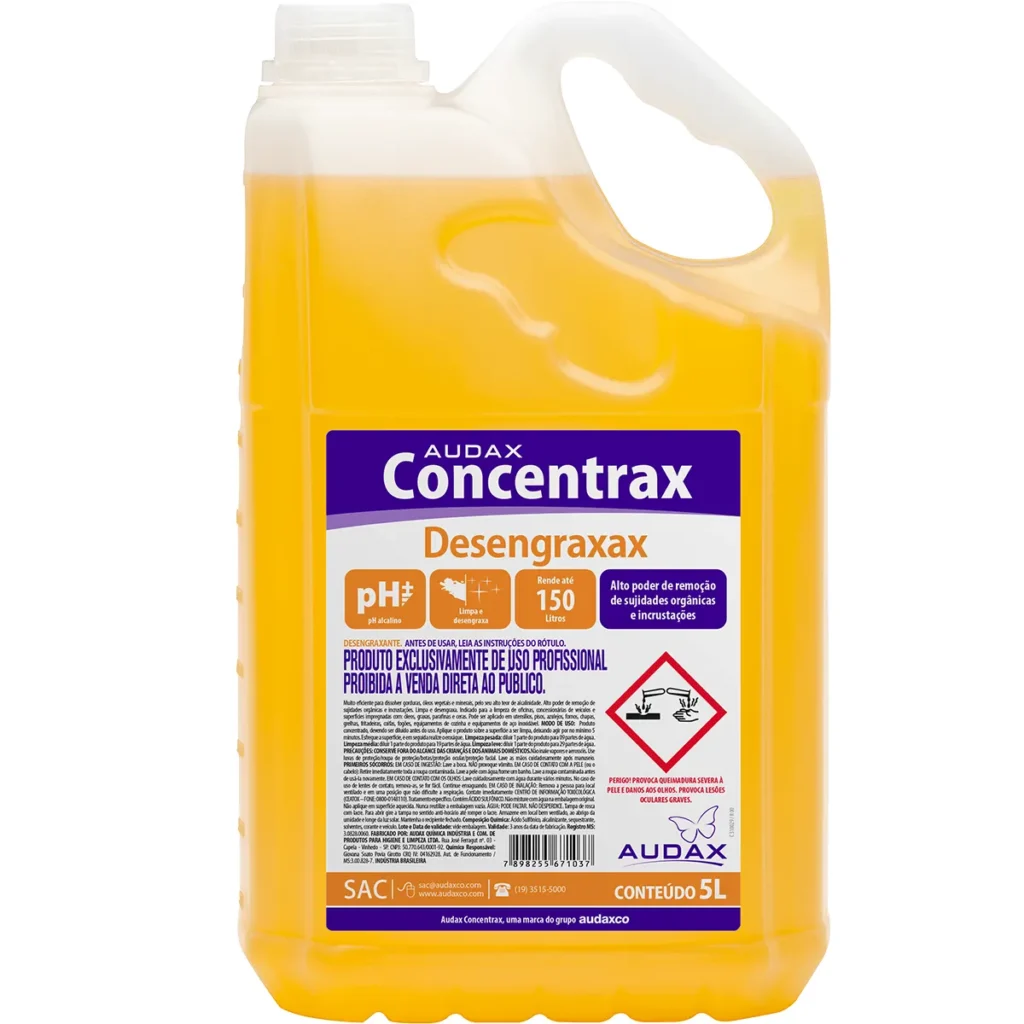 Galão de 5 litros de Desengraxante Alcalino Concentrado Desengraxax, com rótulo em tons de cinza e laranja, destacando sua potência para limpeza industrial pesada. | Elite M4