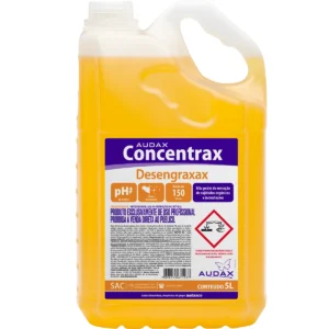 Galão de 5 litros de Desengraxante Alcalino Concentrado Desengraxax, com rótulo em tons de cinza e laranja, destacando sua potência para limpeza industrial pesada. | Elite M4