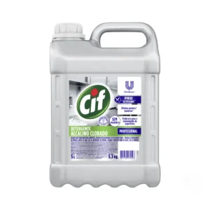 Galão de 5 litros do Detergente Clorado Alcalino Profissional Cif, com rótulo característico da linha profissional da Cif, indicando "Clorado" e "Alcalino". | Elite M4