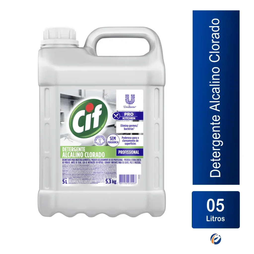 Galão de 5 litros do Detergente Clorado Alcalino Profissional Cif, com rótulo característico da linha profissional da Cif, indicando "Clorado" e "Alcalino". | Elite M4