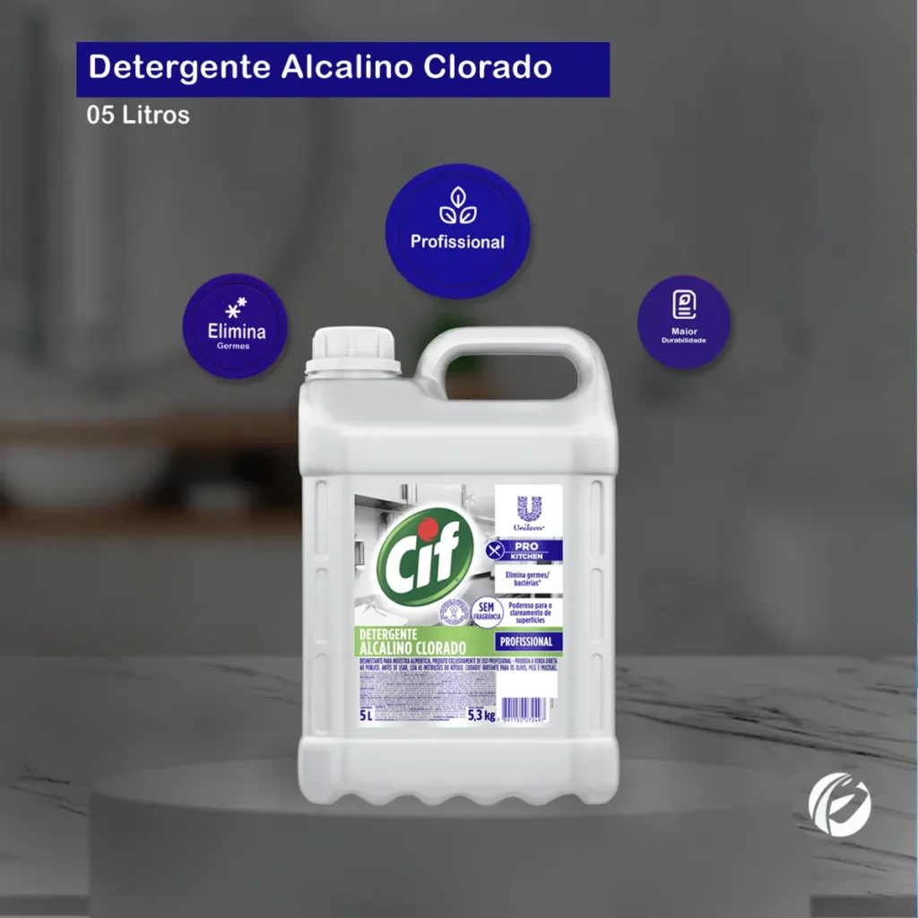 Galão de 5 litros do Detergente Clorado Alcalino Profissional Cif, com rótulo característico da linha profissional da Cif, indicando "Clorado" e "Alcalino". | Elite M4