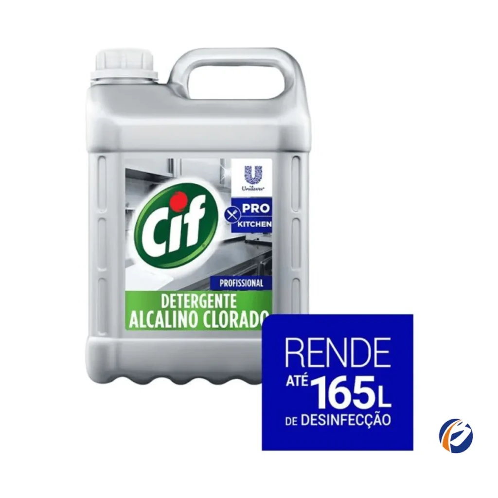 Galão de 5 litros do Detergente Clorado Alcalino Profissional Cif, com rótulo característico da linha profissional da Cif, indicando "Clorado" e "Alcalino". | Elite M4