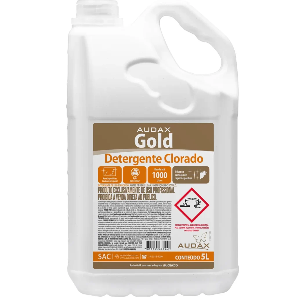 Galão de 5 litros de Detergente Clorado Gold, com rótulo em tons de branco e azul, destacando o poder de limpeza e desinfecção com cloro. | Elite M4