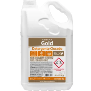 Galão de 5 litros de Detergente Clorado Gold, com rótulo em tons de branco e azul, destacando o poder de limpeza e desinfecção com cloro. | Elite M4