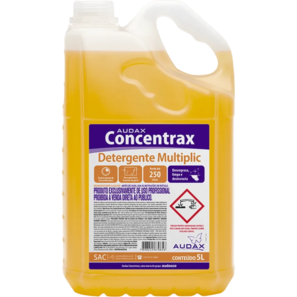 Galão de 5 litros do Detergente Desincrustante Ácido Concentrax Multiplic, com rótulo da marca Concentrax em destaque, sobre um fundo claro. | Elite M4