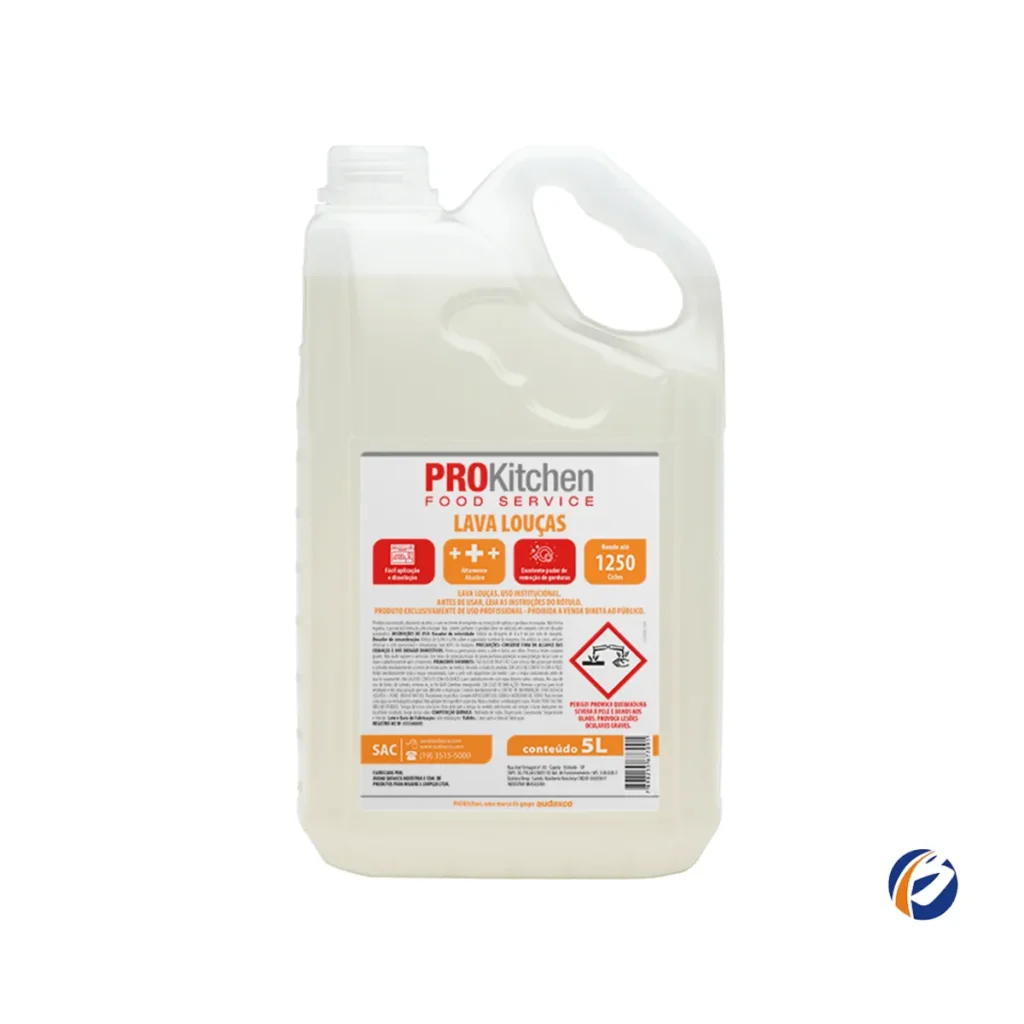 Galão de 5 litros do Detergente Lava Louças Prokitchen, com rótulo característico da marca e indicação de volume, sobre um fundo claro. | Elite M4