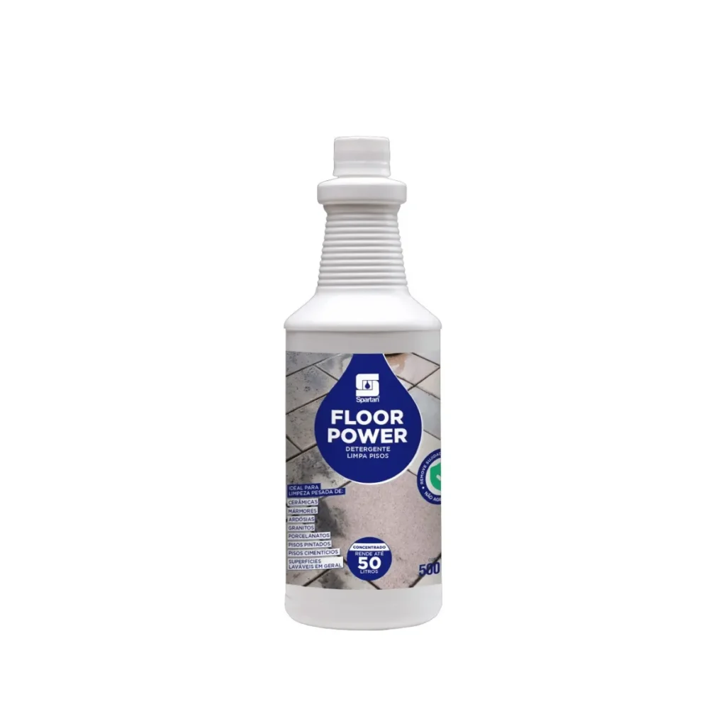 Frasco de 500ml do Detergente Limpador de Pisos Concentrado Floor Power Spartan, com rótulo em tons de azul e branco, destacando sua aplicação em pisos. | Elite M4