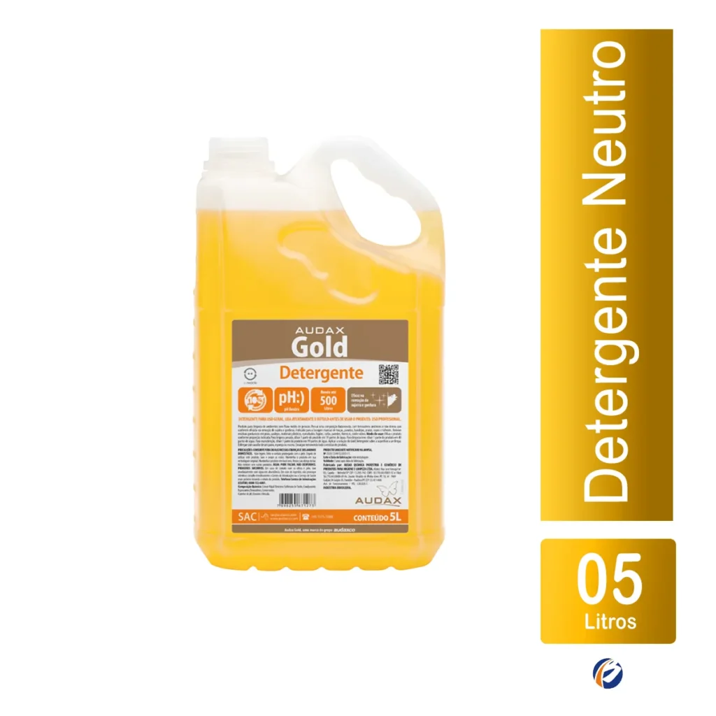 Galão de 5 litros do Detergente Neutro Multiuso Gold, com rótulo em destaque e líquido translúcido, sobre um fundo claro. | Elite M4
