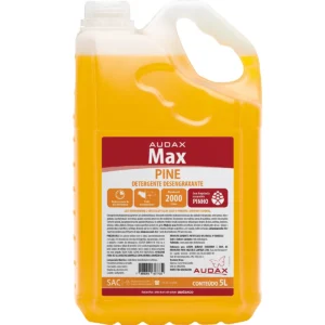 Galão de 5 litros de Detergente Desengraxante Concentrado Pine 5L Max, com rótulo em tons de verde, destacando o poder de limpeza e a fragrância de pinho. | Elite M4