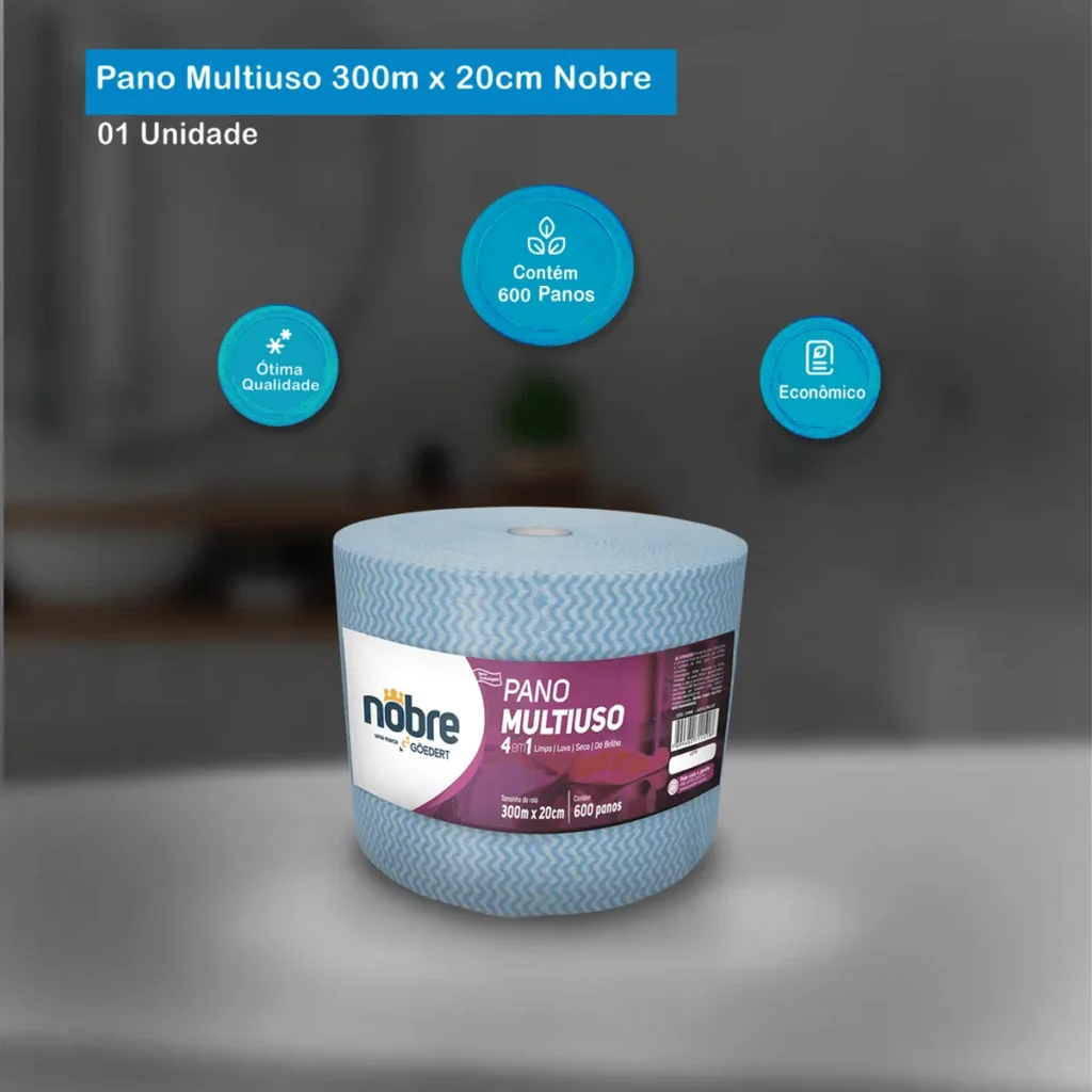 Rolo gigante de Pano Multiuso Nobre Azul de 20cm x 300m para limpeza profissional. Elite M4