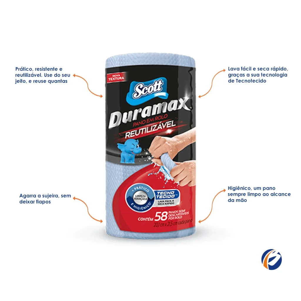 Rolo de Pano Multiuso Scott Duramax Azul com 58 unidades para limpeza. ELITE M4