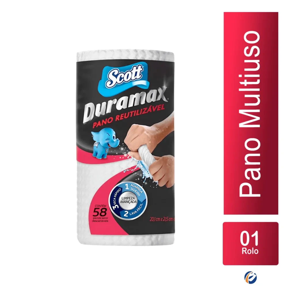 Rolo de Pano Multiuso Scott Duramax Antibacteriano com 48 unidades para limpeza higiênica. Elite M4