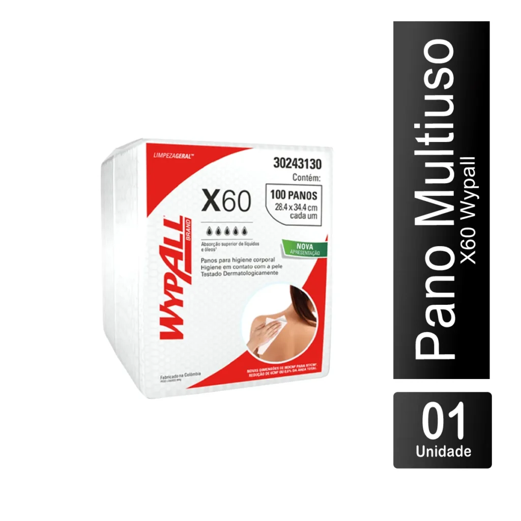 Pacote de Pano Multiuso Wypall X60 Branco com 100 unidades para higiene corporal e cuidados delicados. Elite M4