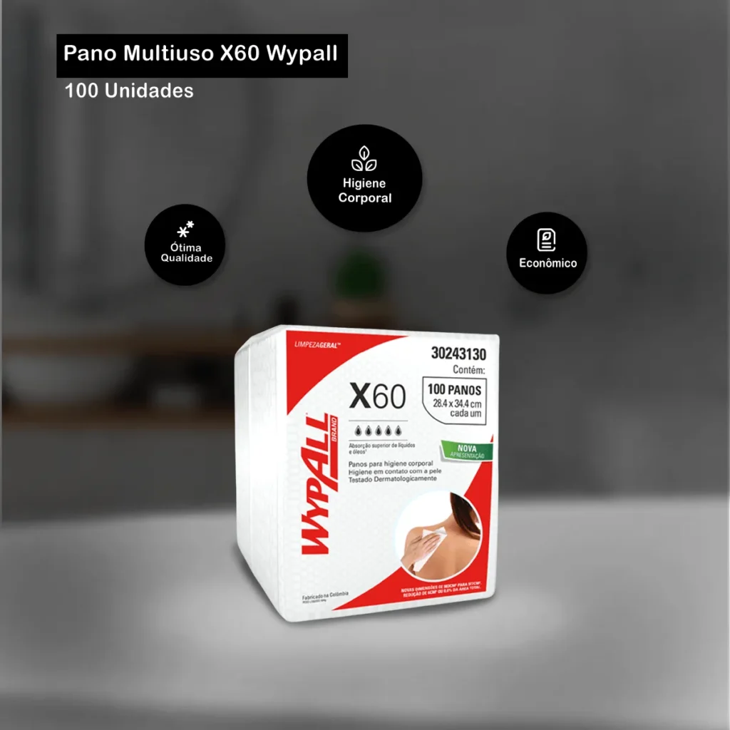 Pacote de Pano Multiuso Wypall X60 Branco com 100 unidades para higiene corporal e cuidados delicados. Elite M4