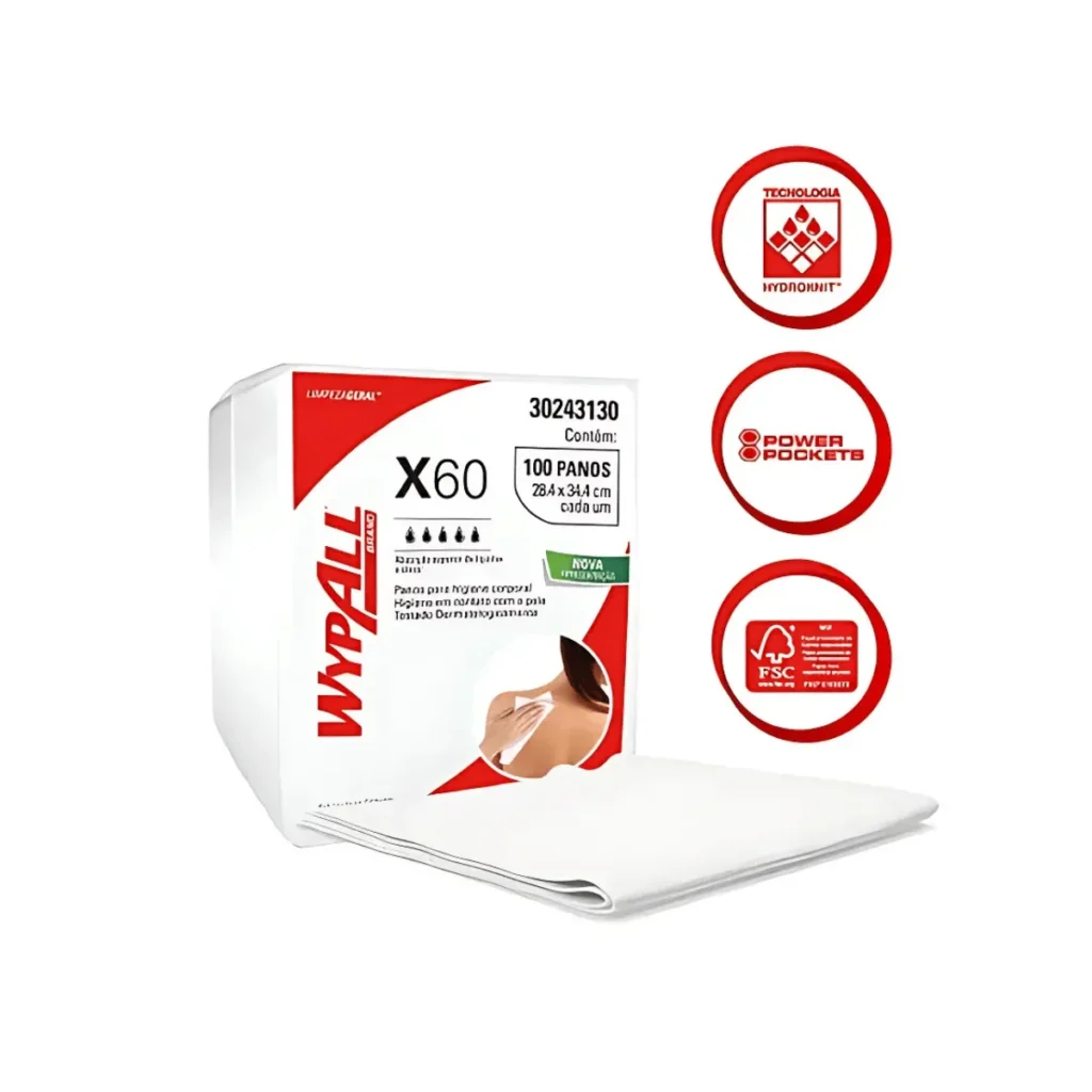 Pacote de Pano Multiuso Wypall X60 Branco com 100 unidades para higiene corporal e cuidados delicados. Elite M4