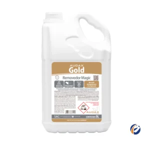 Frasco de 5 litros do Removedor Concentrado Gold Magic, com rótulo em destaque e líquido translúcido, sobre um fundo claro. | Elite M4