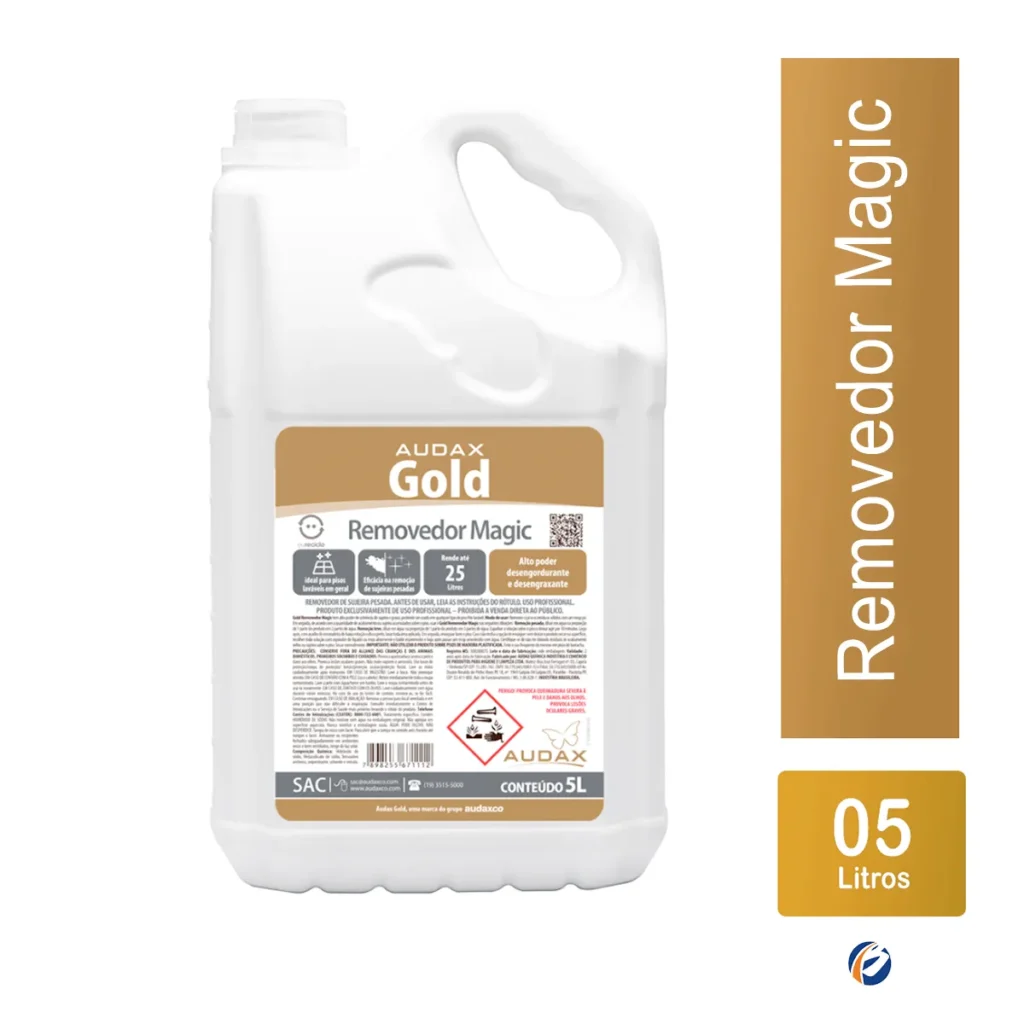 Frasco de 5 litros do Removedor Concentrado Gold Magic, com rótulo em destaque e líquido translúcido, sobre um fundo claro. | Elite M4