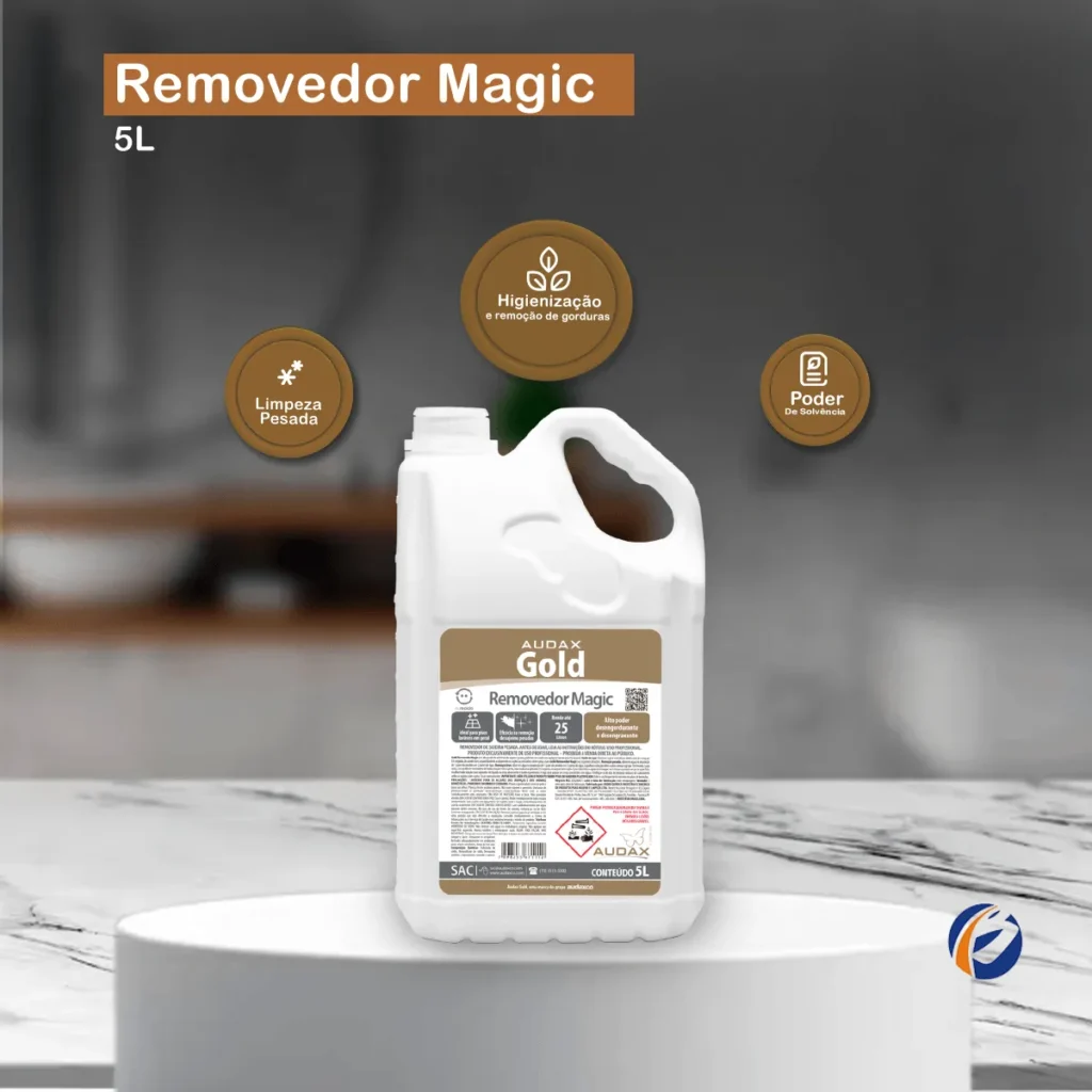 Frasco de 5 litros do Removedor Concentrado Gold Magic, com rótulo em destaque e líquido translúcido, sobre um fundo claro. | Elite M4