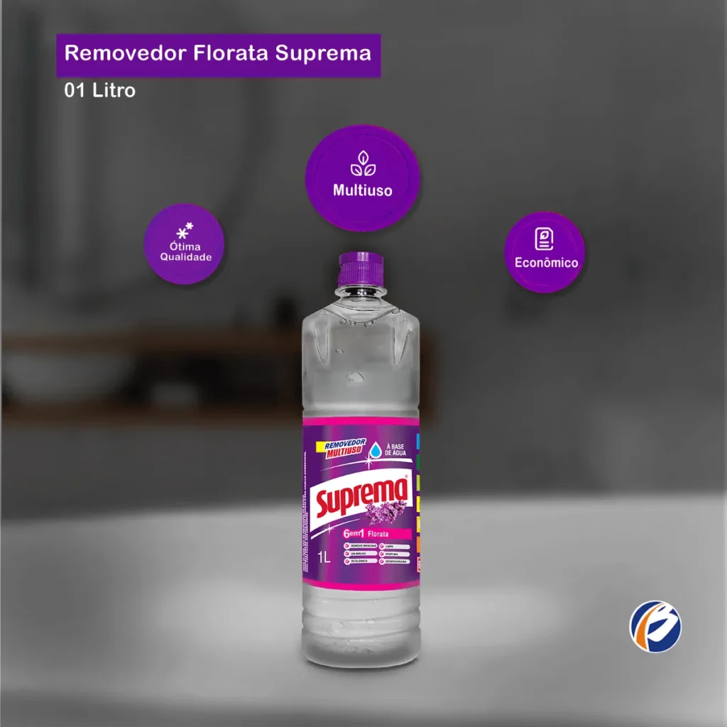 Frasco de 1 litro do Removedor Perfumado Suprema Florata, com rótulo em destaque e líquido translúcido, sobre um fundo claro. | Elite M4