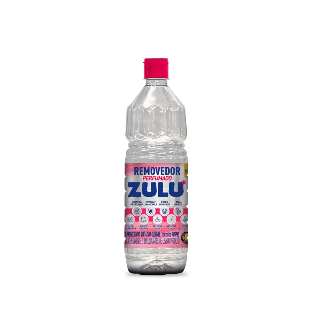 Frasco de 900ml do Removedor Perfumado Zulu, com rótulo vibrante e líquido translúcido, sobre um fundo claro. | Elite M4