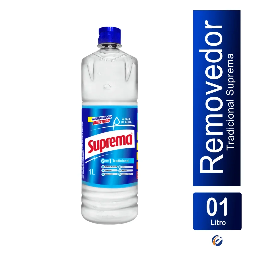 Frasco de 1 litro do Removedor Suprema Tradicional, com rótulo em destaque e líquido translúcido, sobre um fundo claro. | Elite M4