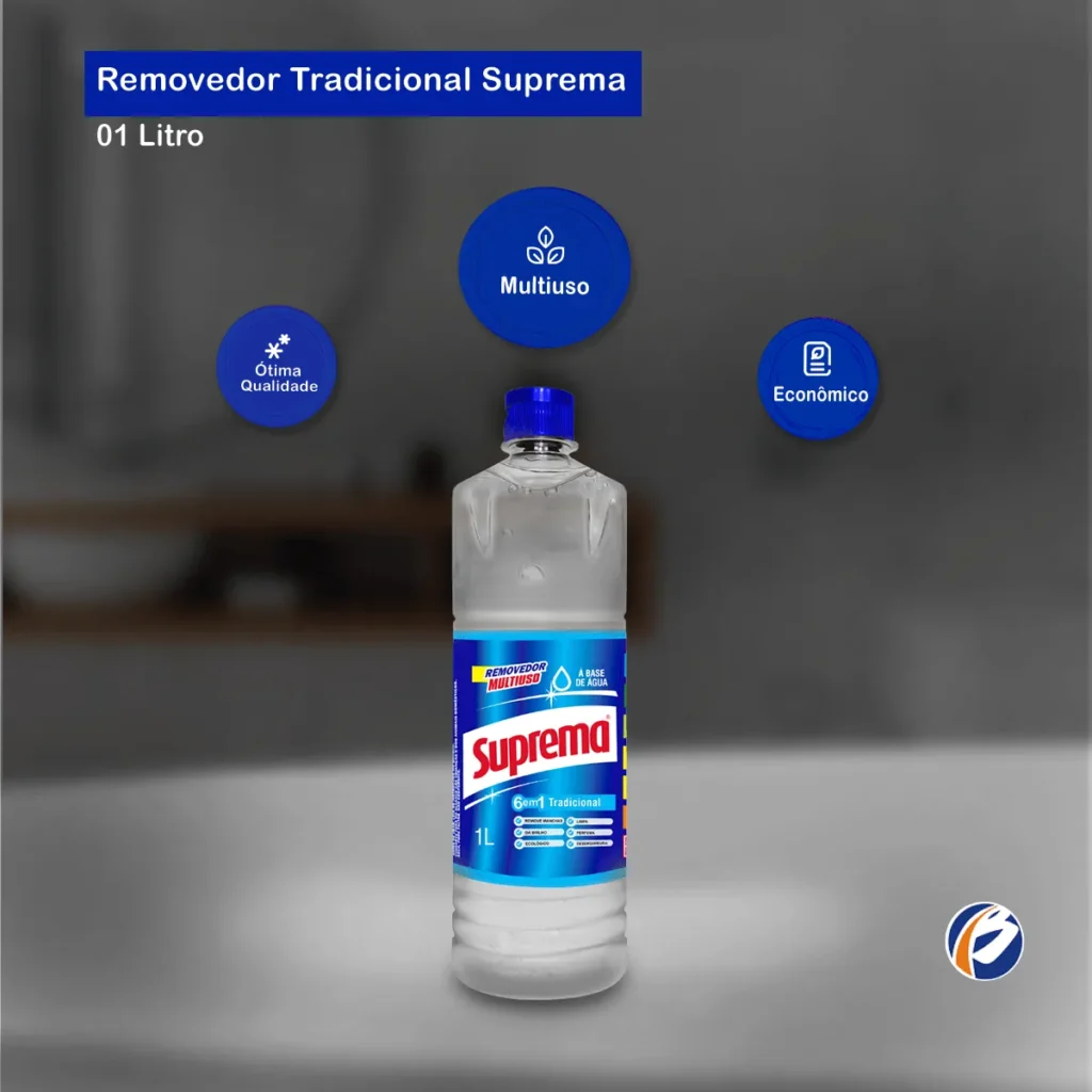Frasco de 1 litro do Removedor Suprema Tradicional, com rótulo em destaque e líquido translúcido, sobre um fundo claro. | Elite M4