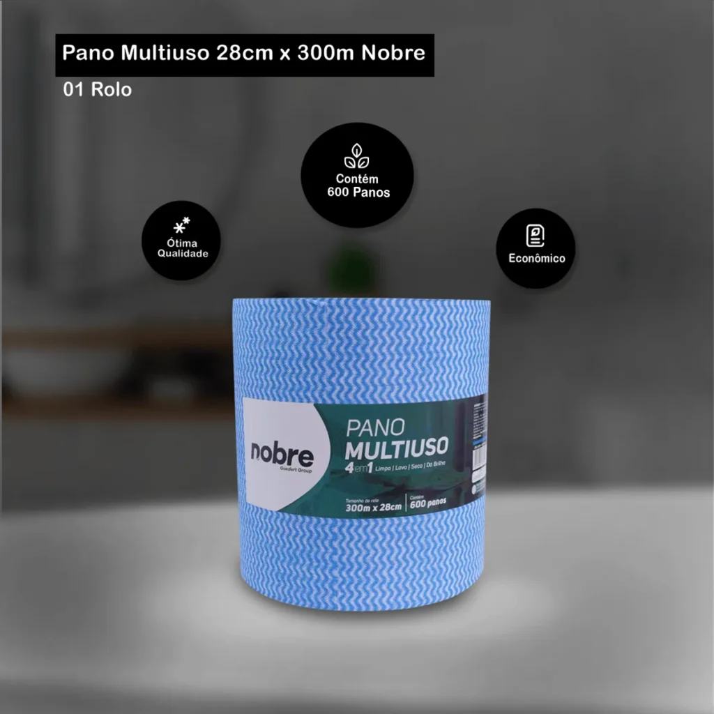 Rolo de Pano Multiuso Nobre Azul com 28cm de largura e 300m de comprimento para uso profissional. Elite M4