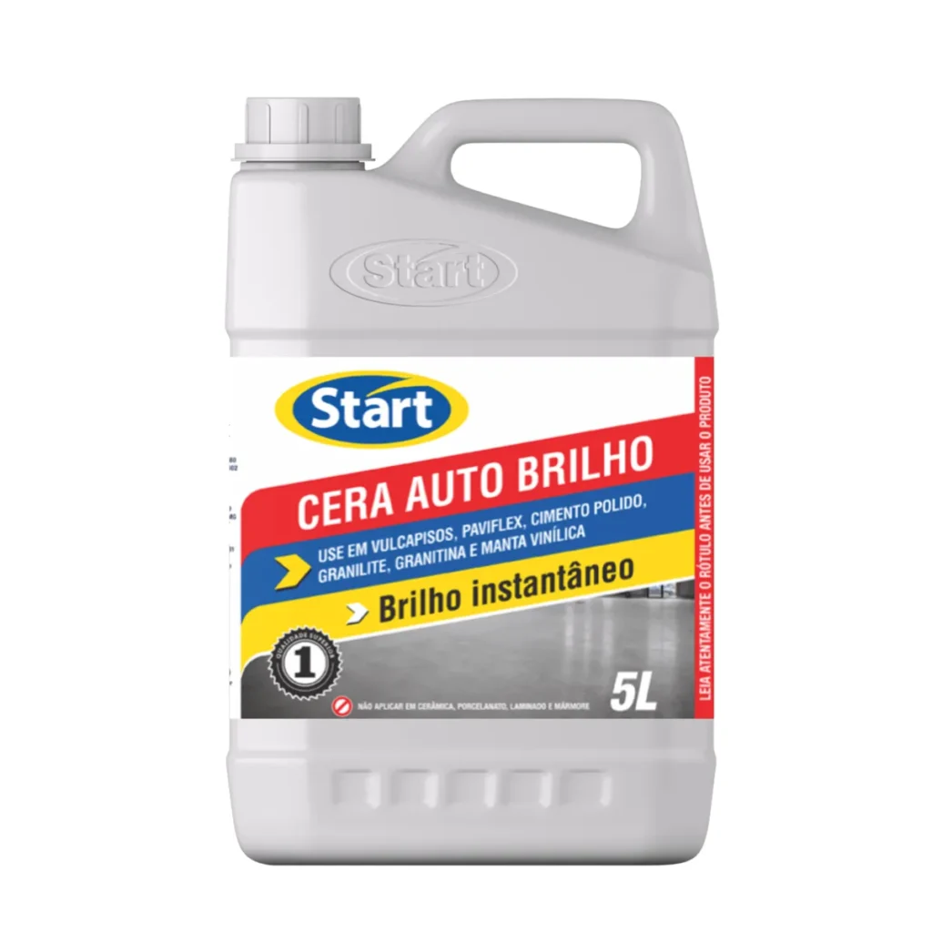 Galão de 5 litros de Cera Líquida Auto Brilho Start, com rótulo azul e branco, e imagem de piso brilhante. | Elite M4