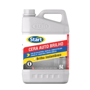 Galão de 5 litros de Cera Líquida Auto Brilho Start, com rótulo azul e branco, e imagem de piso brilhante. | Elite M4