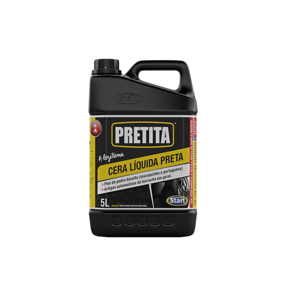 Galão de 5 litros de Cera Líquida Pretita Start, com rótulo preto e detalhes em laranja/vermelho, e imagem de pneu brilhante. | Elite M4