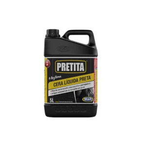 Galão de 5 litros de Cera Líquida Pretita Start, com rótulo preto e detalhes em laranja/vermelho, e imagem de pneu brilhante. | Elite M4